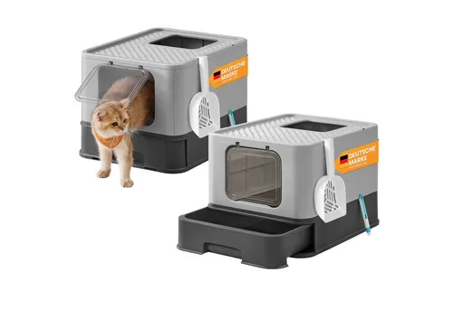 FEANDREA 2er Katzentoilette mit Deckel - Dunkelgrau - Praktische Katzentoilette mit ausziehbarer Schublade für einfache Reinigung. Das Gitter-Design reduziert Schmutz im Haus, während der geschlossene Boden Auslaufen verhindert. Ideal für große Katzen mit viel Platz.