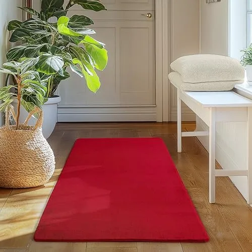 SIMPEX Läufer Teppich Rot 60x100 cm Kurzflor Teppich Waschbar, weich & rutschfest, modernes einfarbiges Design für Schlafzimmer, Küche & Flur