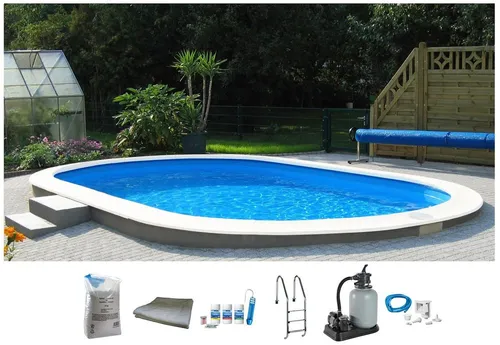my POOL BWT Ovalpool PREMIUM mit blauer Innenfolie (Komplett-Set, 7-tlg) - Ovales Einbaubecken mit robustem Stahlrahmen, 7-teiligem Zubehör und einer Sandfilteranlage für sauberes Wasser. Ideal für entspannende Sommertage im eigenen Garten.