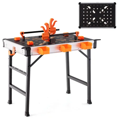Klappbarer Arbeitstisch 454kg mit 2 Schnellklemmen - Robuste Werkbank aus Metall, ideal für vielseitige Einsatzmöglichkeiten und platzsparend durch Klappmechanismus.