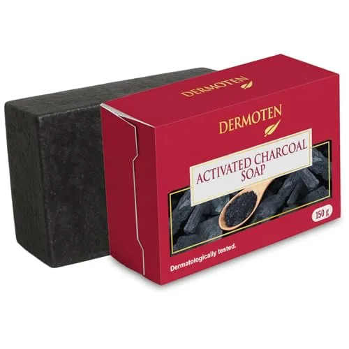 DERMOTEN Aktivkohle-Seifenstück, Auf Pflanzlicher Glycerinbasis, Transparent, Tiefenreinigend und Feuchtigkeitsspendend, Natürlicher Entgifter, Befreit Die Poren und Beugt Ausbrüchen vor, 150 g