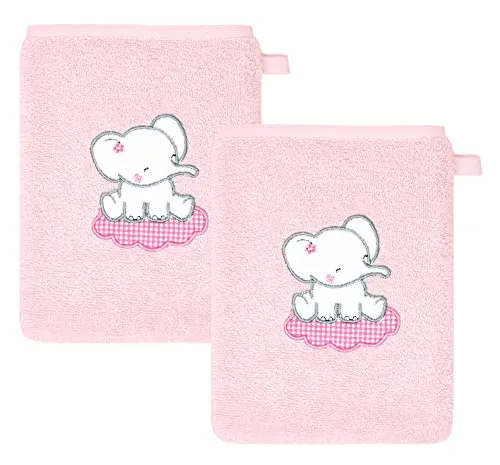 Lashuma Baby Waschhandschuhe 2er 15x21 cm, Rosa Waschlappen Motiv: Elefant, kleine bestickte Handtücher