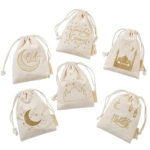 Papierdrachen 6 Geschenksäckchen zu Ramadan - aus Baumwolle - wunderschön und hochwertig gold bedruckt - ideal zum Verpacken von Geschenken - Größe 13x18 cm mit Zugband Set 1