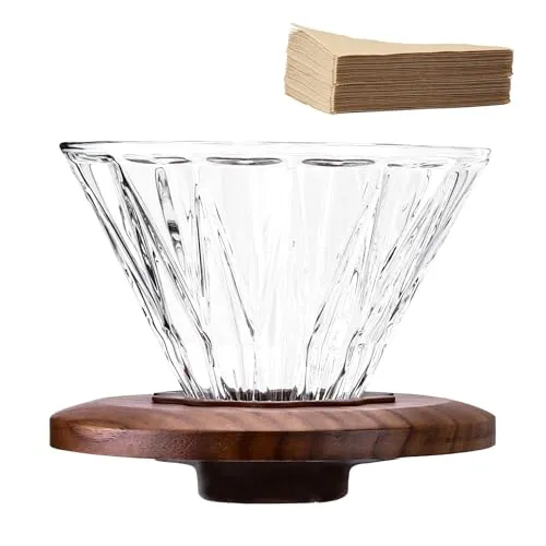 Polydremio Glas-Kaffeetropfer mit 100 Stück Papierfilter der Größe 02, Borosilikatglas und Walnussholzkragen, zum Übergießen von Kaffeemaschinen, 1-3 Tassen, transparent