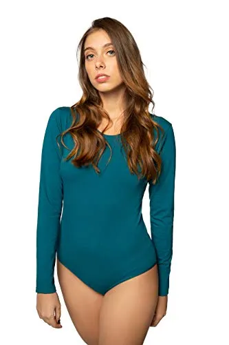 Evoni Damen Body langarm I blickdichter Bodysuit mit Rundhals für Frauen I Langarmbody in verschiedenen Farben I Body Shaper aus Baumwolle I Jumpsuit XL Petrol