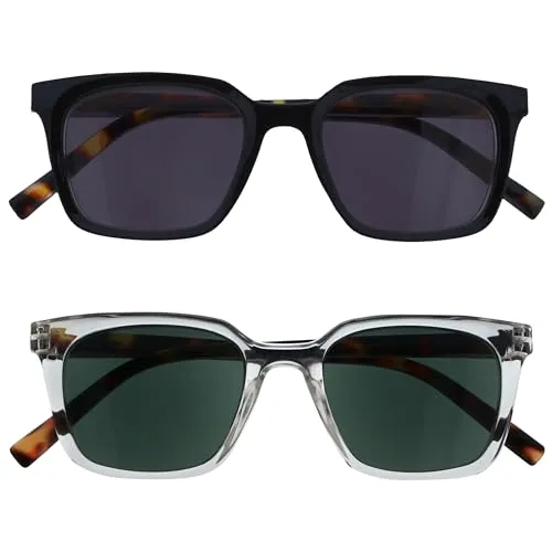 OPULIZE KOI Lese-Sonnenbrille 2 Pack - Große Rechteckige Fassung - Getöntes Glas UV400 - Schwarz-Klar - Damen Herren Unisex - Federscharniere - SS50-1C - +2.50
