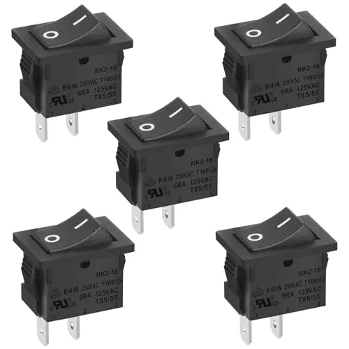 Heschen Wippschalter, rechteckig, schwarz, ON-OFF SPST 2 Positionen 2 Klemmen 6A 250VAC / 125VAC UL VDE 5 Pack