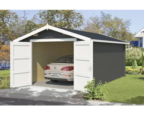 Einzelgarage Outdoor Life Mauritius mit Holztor - Holzgarage mit Satteldach, anthrazitfarben und inklusive Fußboden – ideal für die sichere Unterbringung von Fahrzeugen und Gartenutensilien.