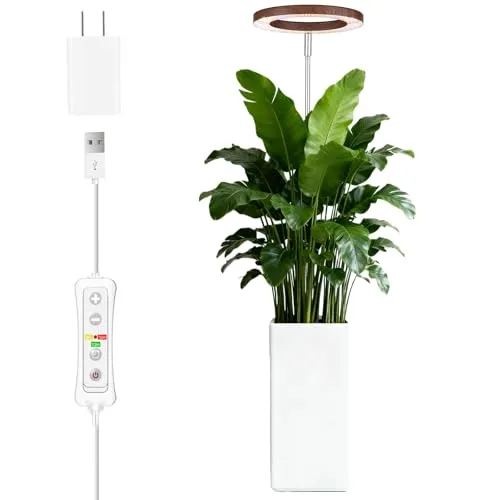 beautiebeam Wachstumslampe für Zimmerpflanzen LED Grow Light Full Spectrum,35~155cm Wachstumslampe höhenverstellbar,8/12/16Stunden Timer,10 Helligkeitsstufen,5V Adapter,Aluminium-Walnuss-Holzoptik