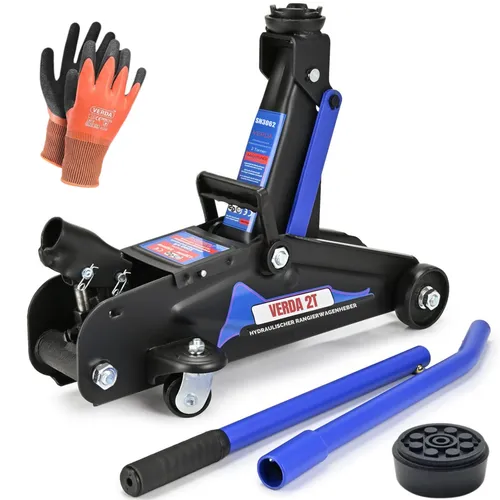 Verda SN3062 Wagenheber 2T mit Gummiauflage und Montagehandschuhe - Hydraulischer Rangierwagenheber mit 2T Hublast, ideal für Werkstatt und Garage. Inklusive Gummiauflage und Montagehandschuhe für sicheres Arbeiten.