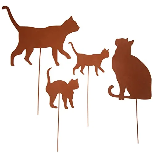 UNUS Garden Katzen Gartenstecker 4er Set, Gartendeko Rostoptik, Roststecker aus Edelrost Metall, Rost Deko für Garten, Terrasse, Balkon oder Blumentopf