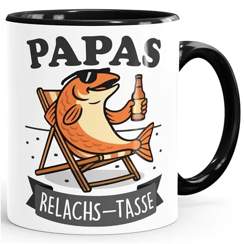 MoonWorks® Tasse Lustig Wortspiel Lachs Relax Geschenkidee für Papa zum Vatertag Angler Keramik Becher Weiss-innen-schwarz standard