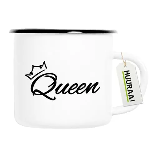Huuraa Emaille Tasse Queen Krone Geschenk 300ml Vintage Emaille Becher Queen Geschenkidee
