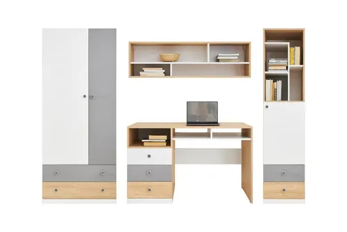 Deine Möbel 24 Jugendzimmer-Set POKO 2 – 4-teilig in Biskuiteiche/Weiß Lux/Grau - Das POKO Jugendzimmer-Set vereint modernes Design und durchdachte Stauraumlösungen. Ideal für Teenager, bietet es viel Platz für Kleidung und Lernmaterialien – robust und pflegeleicht für den Alltag.