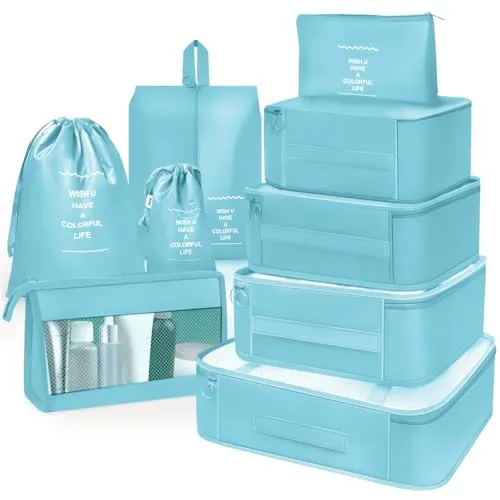 OBSGUMU Koffer Organizer Set, 9 Pcs Packing Cubes für Reisen, Packtaschen für Koffer Reise Kleidertaschen, Verpackungswürfel Mit Kosmetiktasche, Packwürfel for Reiseutensilien(Blau)
