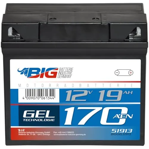 BIG 51913 GEL 12V 19Ah 170A/EN Motorradbatterie - Hochleistungs-Motorradbatterie mit GEL-Technologie für verbesserte Kaltstartleistung und wartungsfreien Betrieb, ideal für Rennmaschinen.