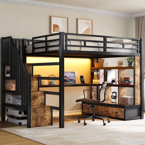 MODFU Jugendbett 140x200 mit Schreibtisch und LED-Beleuchtung