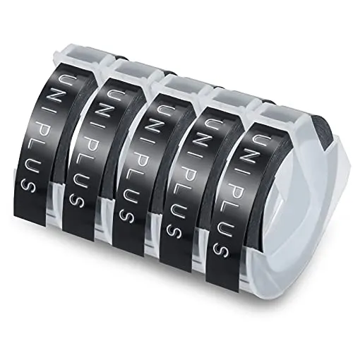 UniPlus 5x Kompatibel 3D Prägeband als Ersatz für Dymo Embossing 3D Prägeetiketten Weiß auf Schwarz für Dymo Omega S0717930 Junior Motex E101 E303 Embosser, Old Rotex Embosser Prägegerät, 9mm x 3m