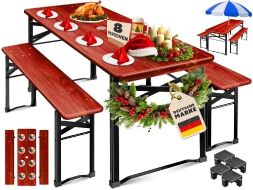 KESSER® Bierzeltgarnitur 3 teilig Gartenmöbel-Set | Klappbar 170 x 46 x 75cm | 2X Bierbänke 1x Biertisch | Festzeltgarnitur Biertisch Stehtisch Sitzgarnitur Holz 12x Bodenschoner & 6x Filz-Untersetzer