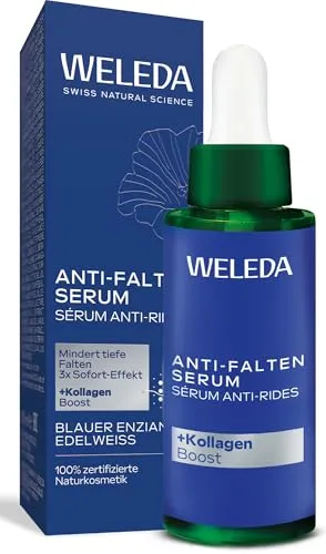 WELEDA Bio Anti Falten Serum - Blauer Enzian & Edelweiß für straffe Haut - Gesichtsserum zur Reduzierung tiefer Falten und Verbesserung der Hautelastizität ab 50. Mit veganem Collagen+ Active Complex für langanhaltende Feuchtigkeit und ein jugendliches Hautbild.