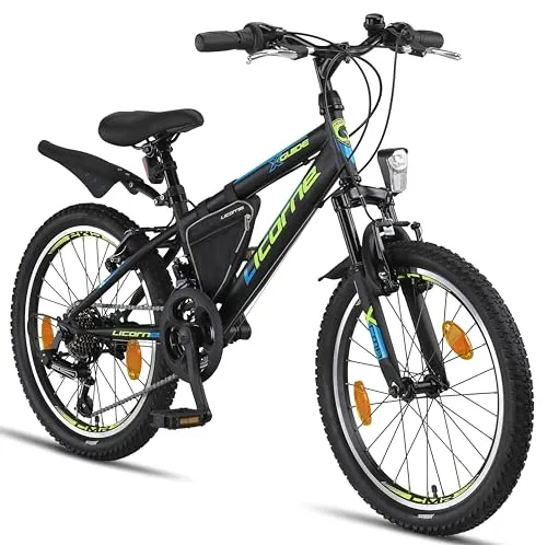 Licorne Bike Guide Premium Mountainbike 20 Zoll - Schwarz/Blau/Lime - Mountainbike für Mädchen, Jungen, Herren und Damen, ideal für Alltag und Berge, mit hochwertiger Kettenschaltung für optimalen Fahrkomfort und einzigartigem Design.