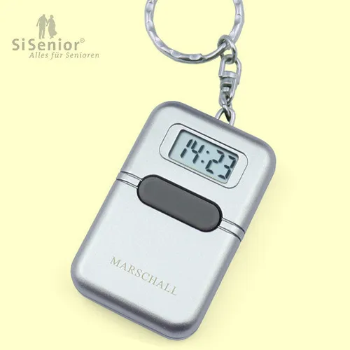 Sprechende Uhr Schlüsselanhänger mit Alarm - Silberfarben - Sprechende Uhr im praktischen Schlüsselanhänger-Design, ideal für Menschen mit Sehbehinderung oder Senioren, die eine einfache Zeitansage wünschen.