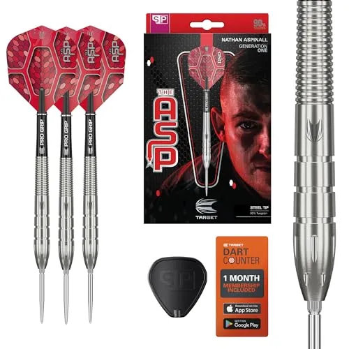Target Darts Nathan Aspinall Generation 1 Steel Tip Darts, Dart-Set aus 90% Wolfram, 26G | G1-Spieler-Edition-Darts mit Swiss Points, Pro-Griff-Schäften, Dart-Flügen Nr. 6 und SP-Werkzeug