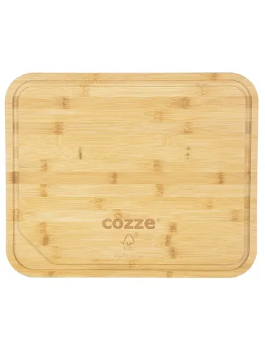 Cozze Pizzaschneidebrett 430x350x20mm - Vielseitiges Servierbrett - Küchenmaschinen Zubehör - Ideal zum Servieren von Pizzas, Snacks und Desserts. FSC-zertifiziertes Bambusholz mit praktischer Fettrinne und glatter Rückseite.