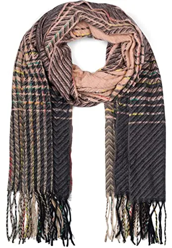 styleBREAKER Damen Feinstrick Schal mit bunt gestreiftem Zick-Zack Muster und Fransen, warme Winter Stola mehrfarbig 01017149, Farbe:Altrose-Dunkelgrau