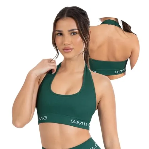 SMILODOX Sport BH Damen Azura, Nahtloses & Rückenfreies Crop Top, Neckholder Sport Bra mit Starken Halt und Kompressionsgefühl, Yoga Tank Top, Sportunterwäsche für Fitness, Gym, Alltag & Pilates