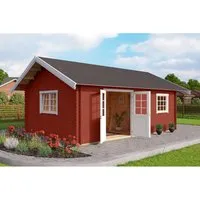 Gartenhaus Outdoor Life Caroline Set Gold - Gartenhaus mit Satteldach in Rot, inklusive Fußboden und Schlafboden, ideal für gemütliche Stunden im Garten.