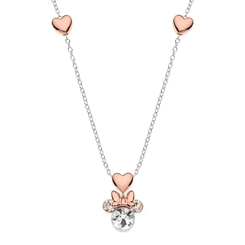 Disney Minnie Mouse Silber Halskette für Mädchen - Ketten für Mädchen; Zweifarbige Herzen aus Roségold mit Zirkonia, ideales Geschenk für Disney-Fans, kommt in eleganter Disney-Box.