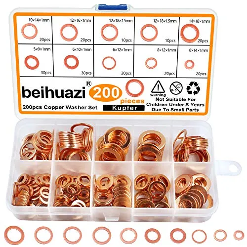 beihuazi® Kupferdichtringe Kupferringe 200Stk Dichtring Kupfer Unterlegscheiben Scheiben Sortiment für KFZ Motoröl (M5 M6 M8 M10 M12 M14)