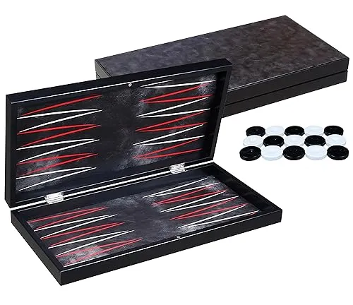 PrimoLiving Deluxe Holz Backgammon Imperial Royal-Black XXL – 48 x 49 cm - Spielfeld und Deckel mit feinem Kunstleder veredelt