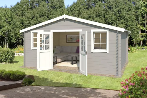 Gartenhaus Blockhaus Udo 300 grau 500x320 cm - Robustes Blockhaus mit Satteldach, 2 Einzelfenstern und abschließbarer Doppeltür. Ideal für Gartenlagerung oder Freizeit, bietet 13,97 m² Nutzfläche.
