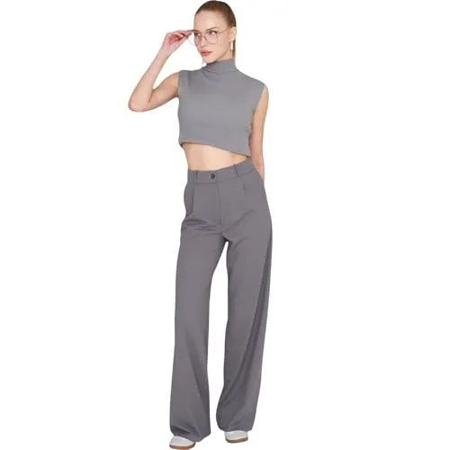 fashionshowcase Palazzohose Damen-Marlenehose mit elastischem, hohem Bund 38 grau