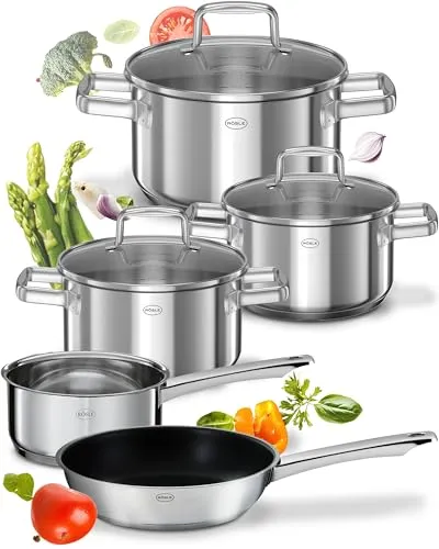 RÖSLE Moments Topfset Induktion 5-tlg. – Edelstahl Kochtopfset mit Aluminiumkern, 3 Töpfe, 1 Kasserolle & 1 Bratpfanne antihaft beschichtet, induktionsgeeignet, ofenfest, spülmaschinenfest, langlebig