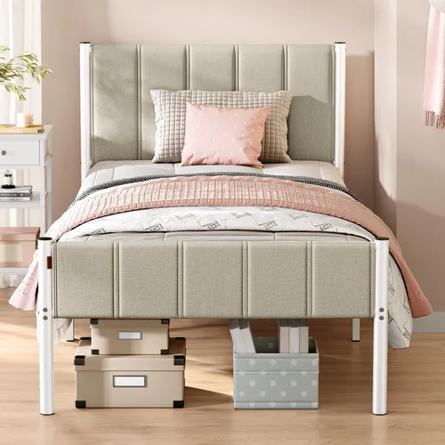 VASAGLE Einzelbettgestell 90 x 200 cm mit gepolstertem Kopfteil, beige - Modernes Einzelbettgestell mit stilvollem, gepolstertem Kopfteil für optimalen Komfort. Ideal für kleine Räume, bietet Stauraum und ist einfach aufzubauen. Perfekt für ein gemütliches Schlafzimmer!