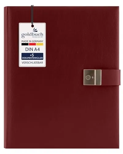 goldbuch 53525 Dokumentenmappe Bologna, Mappe für DIN A4 Unterlagen, Ringbuchmappe inklusive 5 Sichthüllen, erweiterbare Ordnungsmappe mit Schloss, Orgamappe Kunstleder, ca. 27,5 x 34 cm, Dunkelrot