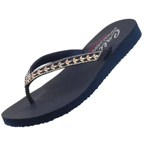 Skechers Meditation Lucky One Damen Zehentrenner - Stylische Sandalen mit strassverziertem Obermaterial und Yoga Foam gepolstertem Komfort Fußbett, ideal für entspannte Sommertage.
