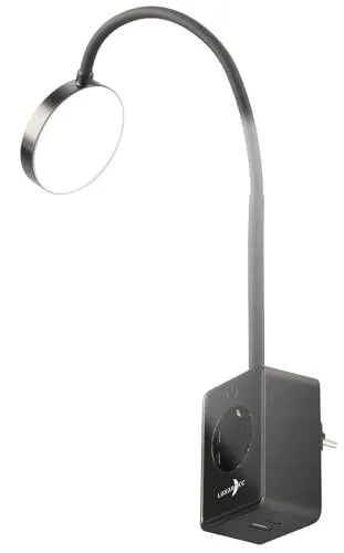 Lunartec Steckerlampe: Dimmbare CCT-LED-Steckerleuchte mit Steckdose, USB-A/C-Port, schwarz (Steckdosenleuchte Schwanenhals, Leselampe Bett mit USB Ladestation, iPhone Ladekabel)