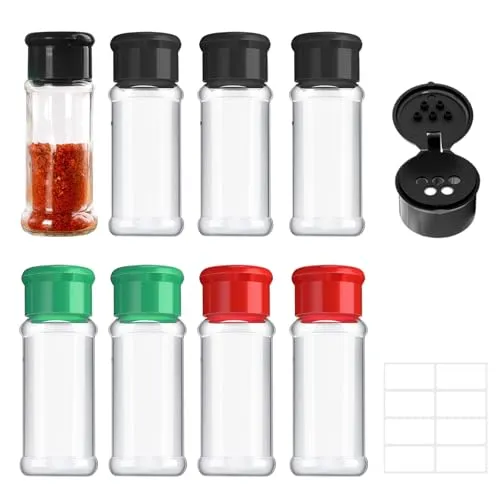 Stück Gewürzdosen mit Deckel, 100ml Transparente Gewürzgläser aus Kunststoff, Vorratsdosen mit Siebverschluss für Gewürz Salz Pfeffer Pulver, Kräutern und Pulvern (Schwarz, Rot, Grün) 8