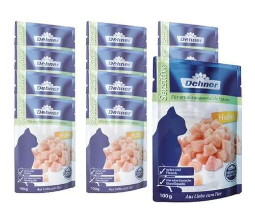 Dehner Premium Katzenfutter Sensitiv, Nassfutter gereidefrei, für ausgewachsene ernährungssensible Katzen, Huhn, 12 x 100 g Beutel (1.2 kg)