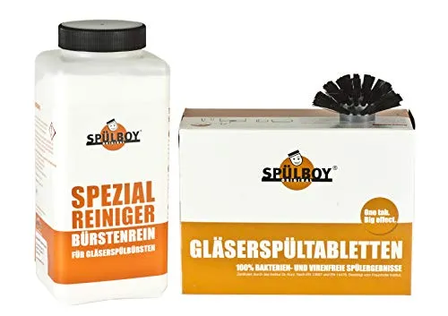 SPÜLBOY® Gläserspültabletten Set mit Bürstenreiniger - Geschirrspülmittel für hygienische Glaspflege, 48 Tabletten für 192 Anwendungen und 1000g Bierschleimlöser sorgen für 100% bakterienfreie Ergebnisse und ein besseres Zapferlebnis.
