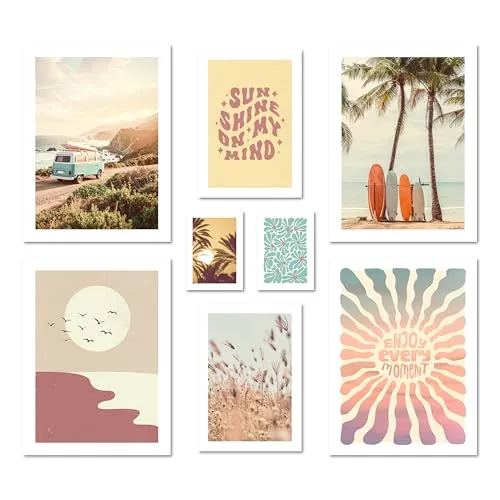 ARTFAVES® Poster Set - Summer Trip - mehrteilige Wanddeko Wohnzimmer & Schlafzimmer - 8 moderne Wandbilder sommer, bunt, meer, pastell, strand, roadtrip, sonne, surfing - ohne Bilderrahmen