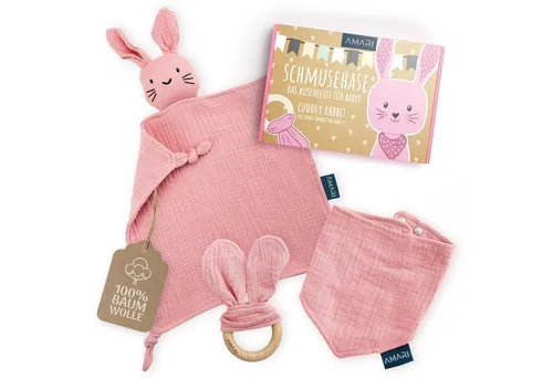 Amari Schmusetuch ® Hase mit Beißring und Lätzchen, Rosa von Amari