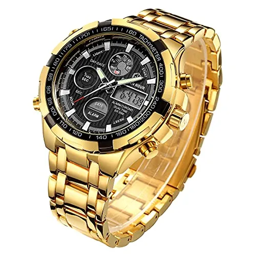 Affute Luxus-Armbanduhr für Herren, Schwerer Chronograph aus Edelstahl, goldfarben, wasserdicht, mit Datums- und Alarmfunktion, Analog-/Digitalanzeige