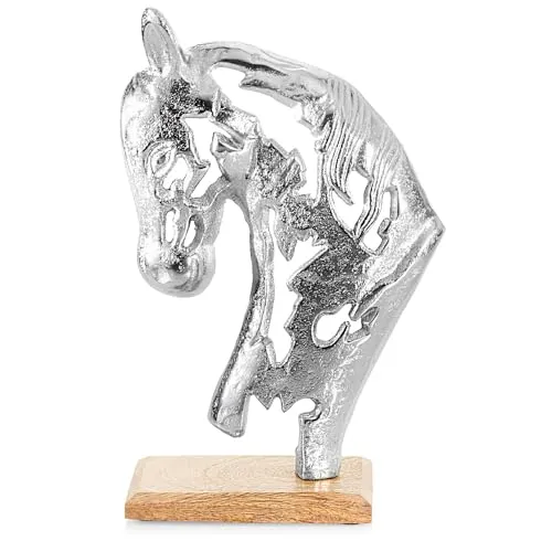 com-four® Premium Deko-Aufsteller Pferd - 20 x 32 cm Skulptur-Statue aus vernickeltem Aluminium auf Sockel aus Mangoholz - Deko-Figur zum Hinstellen - tolle Raumdeko (silberfarben - Pferd)