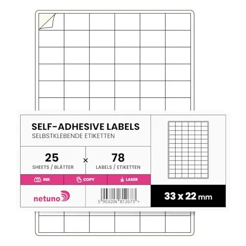 Netuno 25 Blatt DIN A4 weiße Etiketten klein selbstklebend 3,3 x 2,2 cm (78 Stück pro Blatt) kleine matte Aufkleber zum bedrucken beschriften Sticker Versandetiketten Haushaltsetiketten