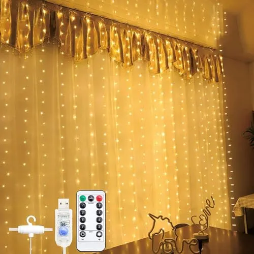 Bowfar Lichtervorhang 3x3M 300LEDs, Wasserdicht Lichterkette USB